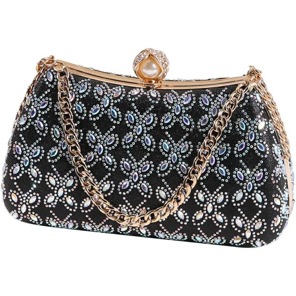 Women's Rhinestone Beaded Clutch Bag with Chain Handle for Evening or Party